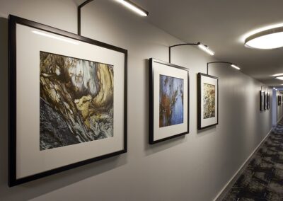 Framed abstract artwork is displayed along a well-lit hallway with a patterned carpet and modern ceiling lights.