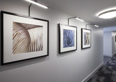 Three framed abstract photographs are displayed on a white hallway wall, each illuminated by individual picture lights above them.