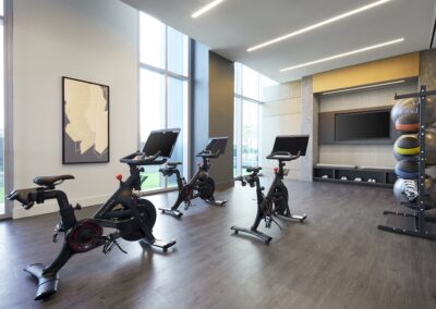 Modern gym room with three stationary bikes, a large wall-mounted TV, a rack of medicine balls, large windows, and abstract wall art.